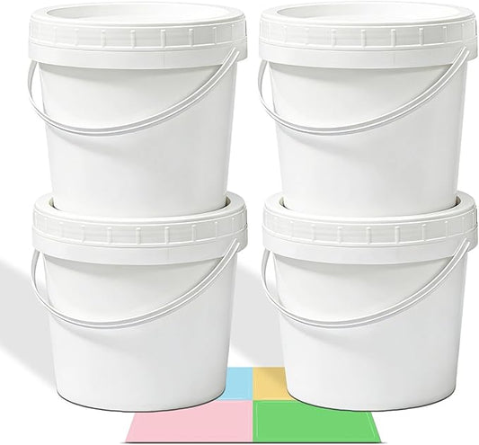 4 Pack 64oz Plastic Buckets with Screw Lids & Handle, Food Grade Storage Containers for Kitchen, Freezer - Reusable White Plastic Bucket Set by UMETASS