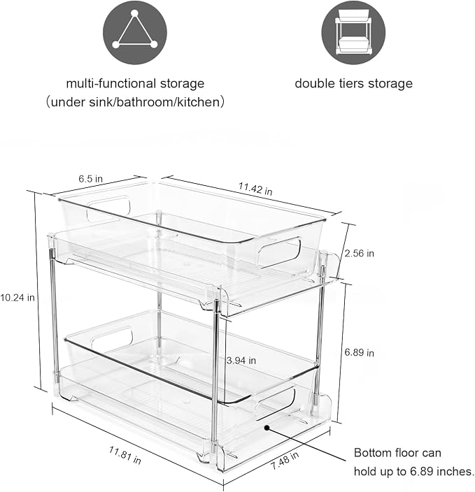 4 Pack Bathroom Organizers and Storage, 2-Tier Clear Under Sink Organizer, Vanity Counter Storage, Medicine Cabinet Organization, Pull-Out Cabinet Organizer With Track For Bathroom, Kitchen, Pantry - Image 2