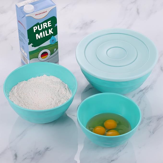 TP Mixing Bowl Set with Lids, 6-Piece Melamine Nesting Bowls Set for Pasta Baking Salad Mixing, Set of 3, Glossy Turquoise - Image 5