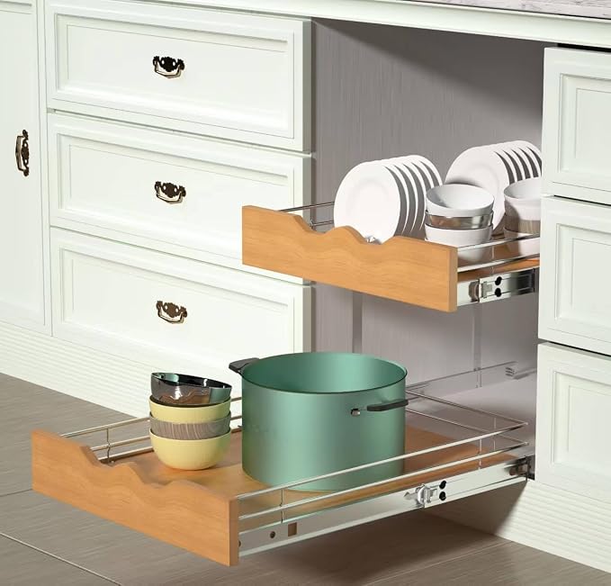 DINDON 2 Tier Pull Out Cabinet Organizer (11" W x 21" D) Slide Out Wood Shelf Organizers Double Tier Kitchen Wire Basket with Chrome Finish… - Image 6