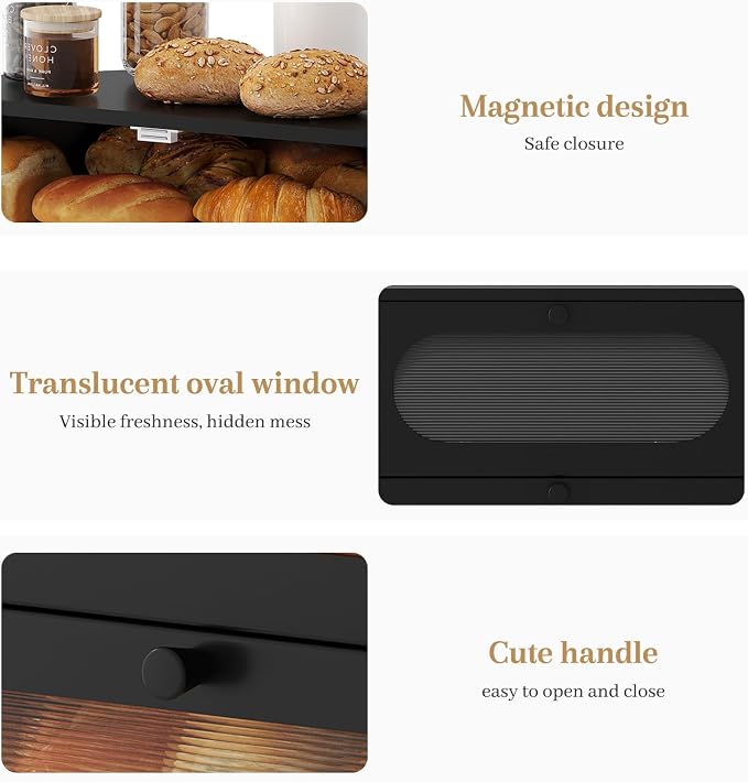 Corner Bread Box for Kitchen Countertop, 2026 New Double Layer Bamboo Bread Storage Bin, Large Bread Container for homemade bread (Black) - Image 7