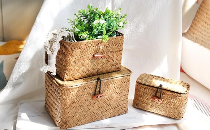 FEILANDUO Shelf Baskets with Lid Set of 3 Handwoven Seagrass Storage Box Wicker Basket Desktop Makeup Organizer Multipurpose Container (Original (S/M/L) - Image 6