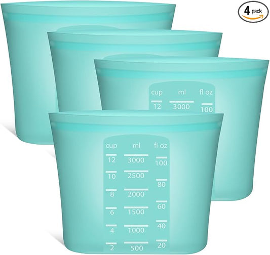 Extra Large Reusable Silicone Food Storage Bags 4 Pack, 0.8 Gallon/3000ml, 100% Silicone Stand-Up Wide-Open Zip-Lock Reusable Bags for Large Items, Microwave Freezer Oven Dishwasher Safe, Aqua by SiliseaDirect