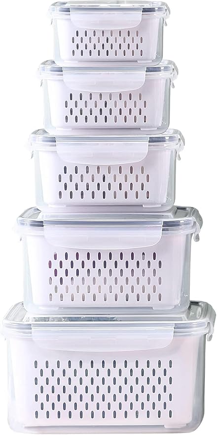 Large Fridge Food Storage Container Set with Lids with Strainer, Fruit Vegetable Storage Containers Keep Fruits, Vegetables, Berry, Meat Fresh longer, BPA-Free Plastic Produce Keepers by Ronanemon