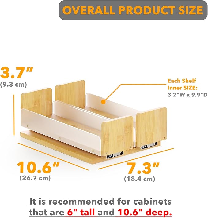 SpaceAid Bamboo Pull Out Spice Rack Organizer for Cabinet, Heavy Duty Slide Out Seasoning Kitchen Pantry Sliding Vertical Organization, 7.3" Wide, 2 Drawers(3" Wide), 1-Tier, Natural - Image 3