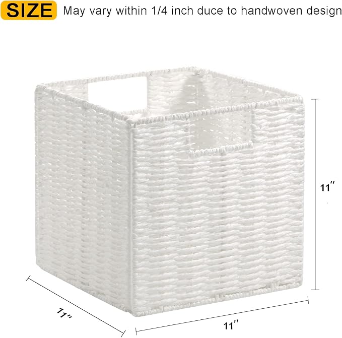 Wicker Storage Basket, Set of 2 Hand-Woven Storage Baskets for Organizing, Foldable Cube Storage Bins, 11 Inch Wicker Storage Baskets for Shelves and Decor, Square Closet Organizer, White - Image 2