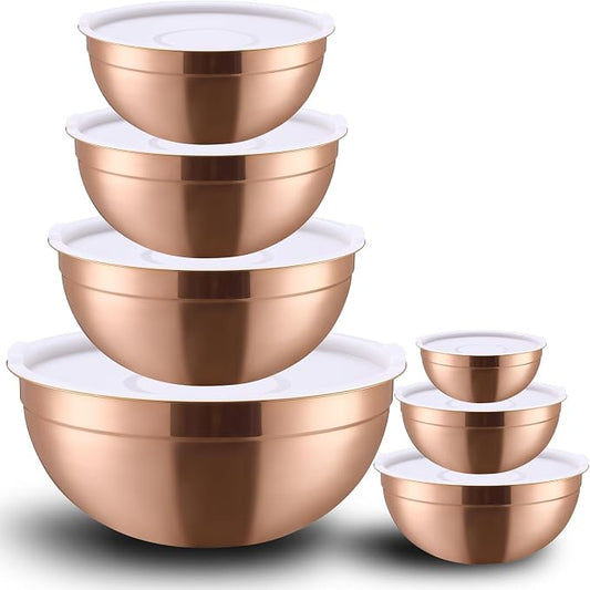 Rose Gold Mixing Bowls with Lids Set of 7, Stainless Steel Nesting Bowl with Khaki Lid for Non-slip Mixing Prepping Storing Serving, 7 Sizes-7/3.6/2.7/2.1/1.5/1/0.8 QT by LKTDYMEG