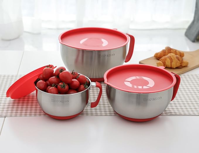 Stainless Steel Mixing Bowls Set with Lids,1.5,3 & 5 Qt,Red | Non-Slip Silicone Base,Precision Pour Spout,Ergonomic Easy-Grip Handle,Measurement Marks,Airtight Lids,Cooking & Meal Prep - Image 4