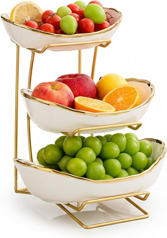Gold Silver Fruit Bowl with Metal Stand, 3 Tier Ceramic White Fruit Bowl Fruit Rack for Kitchen Counter, Tiered Fruit Basket for Snacks Bread Candy Storage (White A (Smooth Surface)) by MEIGLQEA