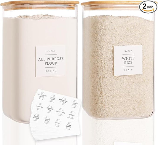 CZZGSM 2 Pack Square Glass Flour and Sugar Containers with 132 Kitchen Pantry Labels - Thicken 149 FL OZ Large Glass Storage Jars with Airtight Bamboo Lid - Big Food Canisters for Rice, Pasta, Cookie by CZZGSM