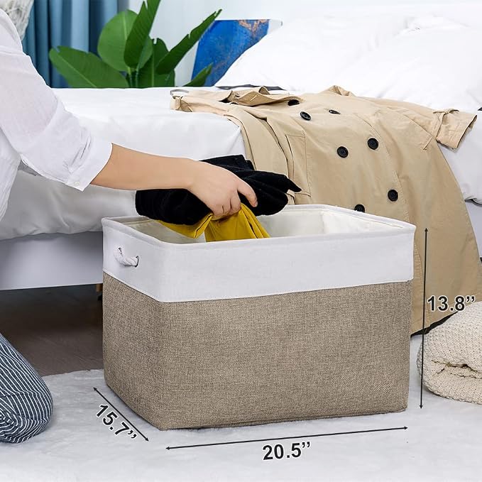Organization Basket - 20x16x14 inch Jumbo 3 Pack Collapsible Storage Bins for Shelves, Fabric Storage Cubes for Closet Organizer Gift Toy (White & Khaki) - Image 3