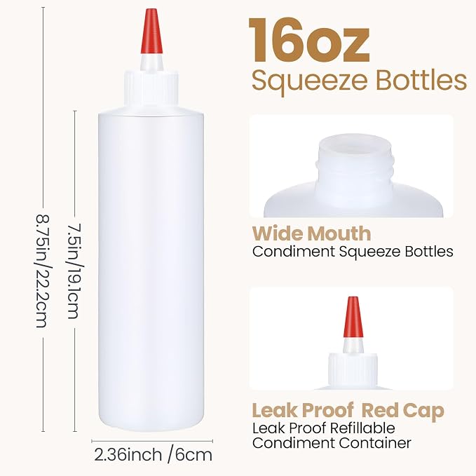 Yaomiao 30 Pack 16 oz Plastic Squeeze Bottles for Condiments Sauces Empty Leak Proof Squeeze Bottles Squirt Containers with Red Tip Cap for Ketchup, Condiments, Olive Oil, Glue - Image 2