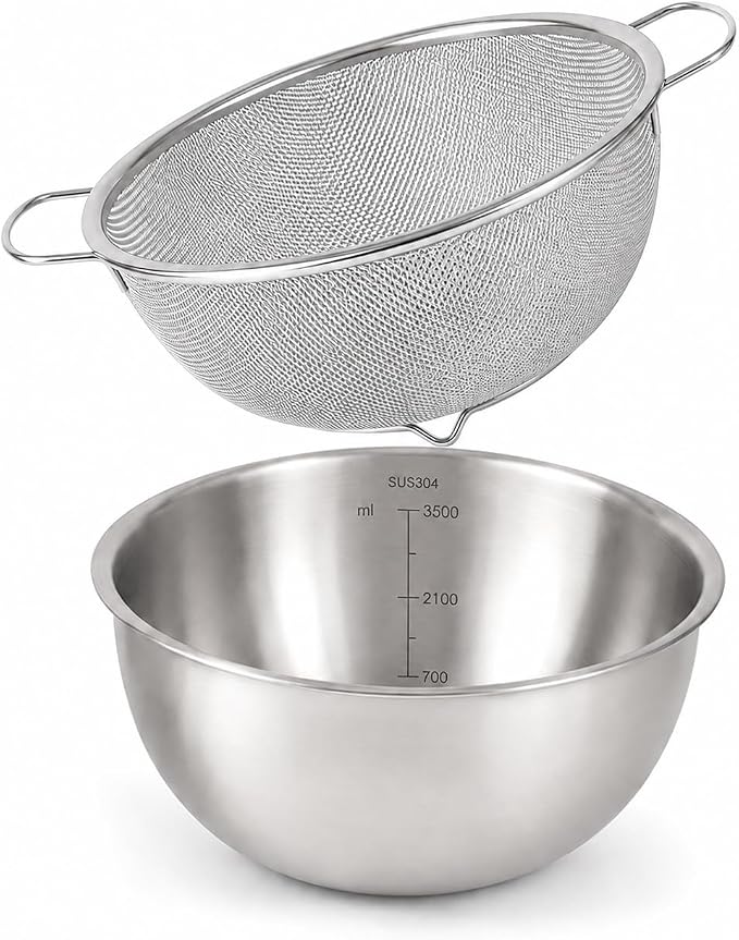 18/8 Stainless Steel Colander with Mixing Bowl, 3.5QT | 1 nesting mixing bowls with measurement marks and 1 fine 30-mesh strainers for rice,vegetables, pasta, baking, and food prep by HAPPYKIT