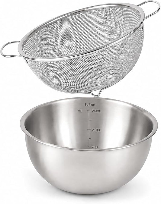 18/8 Stainless Steel Colander with Mixing Bowl, 3.5QT | 1 nesting mixing bowls with measurement marks and 1 fine 30-mesh strainers for rice,vegetables, pasta, baking, and food prep by HAPPYKIT