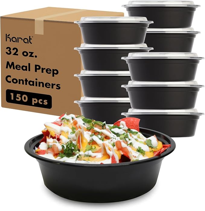 Karat Meal Prep Containers [32 oz - 150 ct] Reusable & Disposable Take Out Bowls with Lids - Microwave & Dishwasher Safe Bento Boxes by Karat