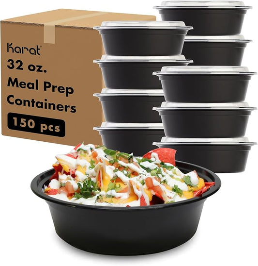 Karat Meal Prep Containers [32 oz - 150 ct] Reusable & Disposable Take Out Bowls with Lids - Microwave & Dishwasher Safe Bento Boxes by Karat