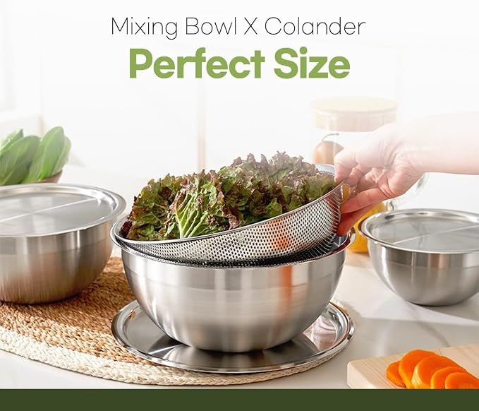 Mixing Bowl + Colander Stainless Steel Food Storage Containers with Lids Set 3 Bowls 3 Lids 3 Colanders Kitchen Appliances Dishwasher Safe Premium South Korea - Image 4