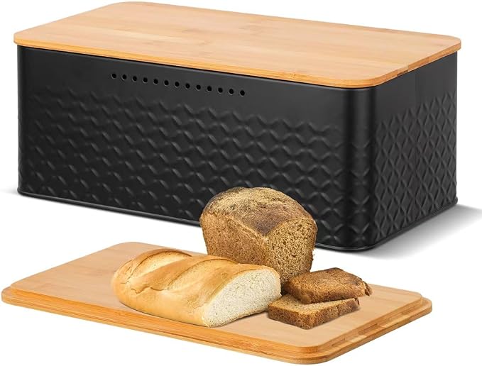 Bread Bin, Metal Bread Box with Bamboo Lid Usable as Cutting Board, Bread Storage Container Holder for Kitchen Countertop, 13 x 7 x 5.3 inch (Black) by Chuboir