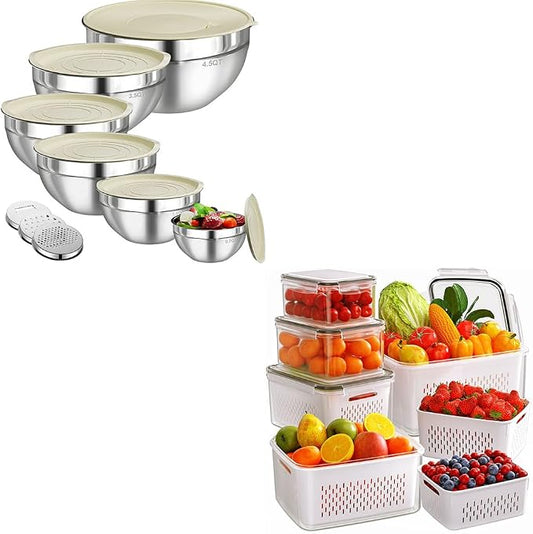 6 PCS Stainless Steel Mixing Bowls with 3 Grater Attachments, Kitchen Nesting Mixing Bowls with Lids Set and 5 PCS Fruit Storage Containers for Fridge with Colanders by HelpYouSaveMoreSpace