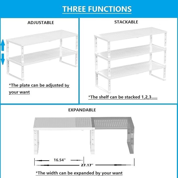 Expandable,Adjustable & Stackable Spice Rack, Cabinet Kitchen Countertop Shelf Organizer,Metal Pantry Storage Shelves - Space-Saving Storage Solution(1Pack/White/Medium) - Image 3