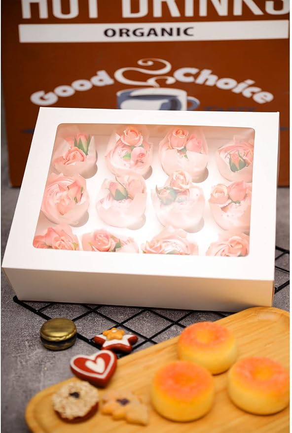 qiqee Auto-pop Up Cupcake Boxes with Window White 40PCS 12 Count Cupcake Box 13"x10"x3.5" Cupcakes Carrier, 12 Cupcake Containers with 2 rolls of pink ribbons - Image 8
