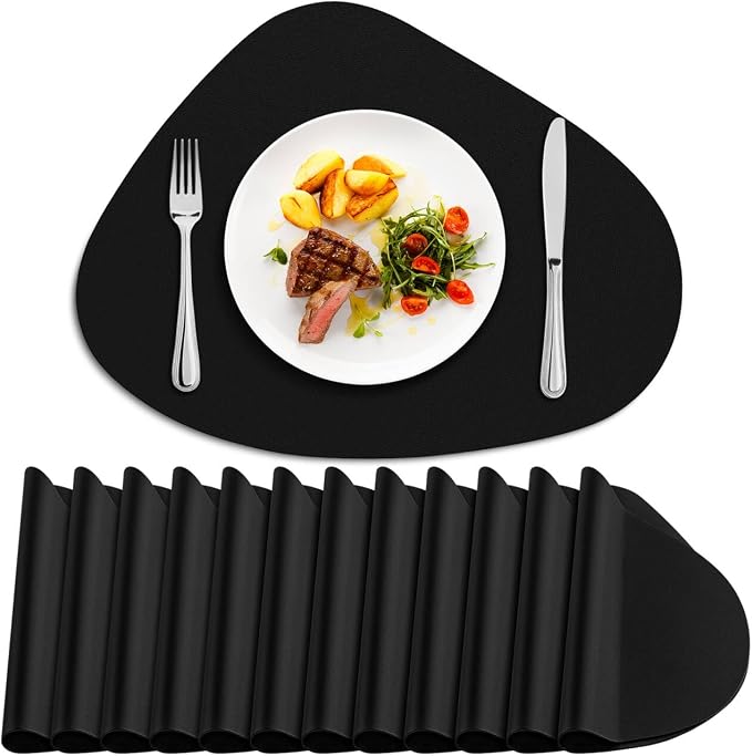 Faux Leather Placemats Set of 12, Wipeable & Washable Table Mats | Waterproof, Heat-Resistant & Easy to Clean Round Place Mats for Dining & Kitchen, 17''x13'', Black by Delicateandelegantplacemats