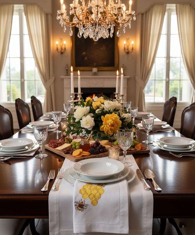 – Embroidered Cloth Napkins, Set of 6 – Yellow Bee & Hive Design – 20x20 Hemstitch Cotton Table Napkins – Machine Washable, Ideal for Daily Use, Weddings & Gifts - Image 5
