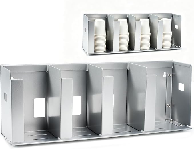 4 Compartments Stainless Steel Cup Dispenser | Adjustable Divider Organizer for Cups and Lids for Kitchen Coffee Bar Restaurant and Office Breakroom by Committedtoquality
