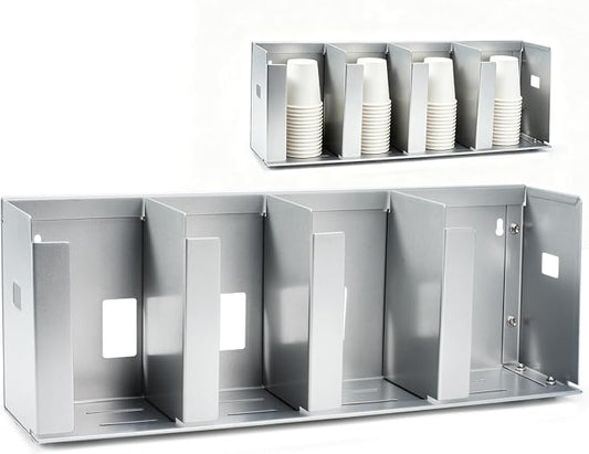 4 Compartments Stainless Steel Cup Dispenser | Adjustable Divider Organizer for Cups and Lids for Kitchen Coffee Bar Restaurant and Office Breakroom by Committedtoquality