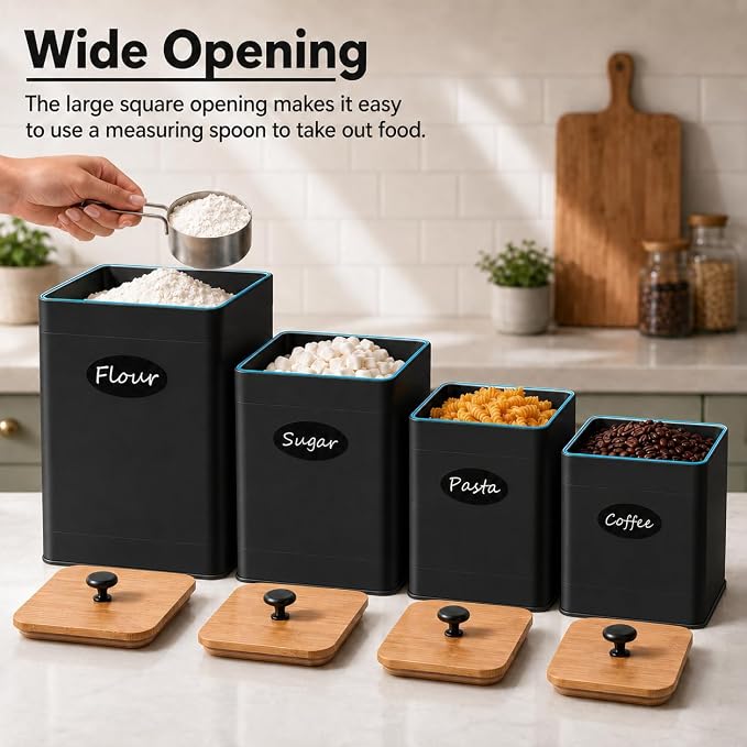 Kitchen Canisters Sets of 4 - Metal Flour Sugar Storage Containers Set for Countertop with Airtight Lids, Coffee Tea Black Canister Set with Customizable Chalkboard Labels & Marker Pen - Image 7