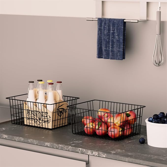 SANNO Freezer Baskets Metal Storage Organizer Bin Basket Wire Storage Basket for Kitchen Pantry Bathroom Large Metal Farmhouse Food Fruit Produce Organizer Bins,black,2 - Image 5