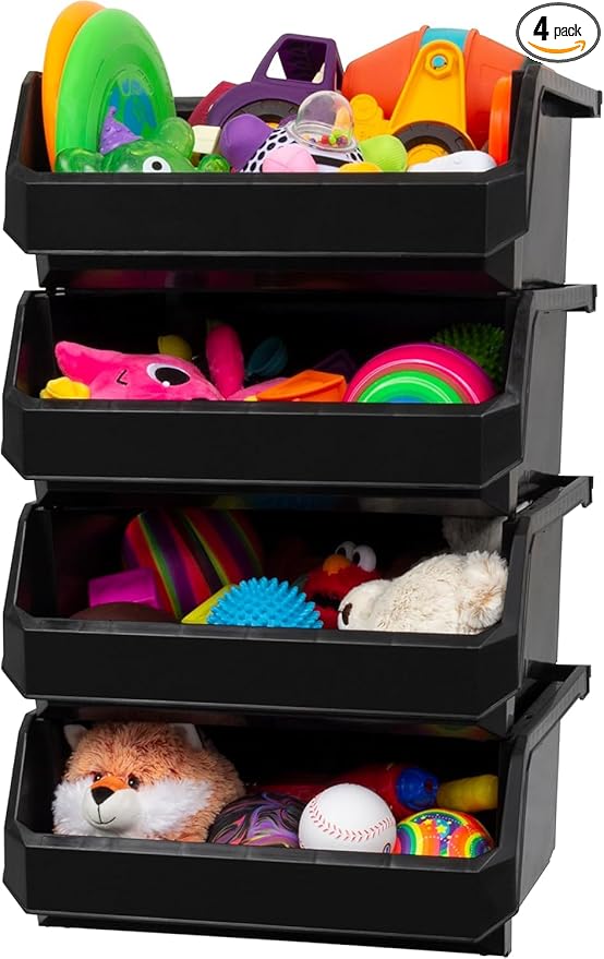 Extra Large Stackable Plastic Storage Bins, 4-Pack, Black | Open-Front Stackable Bins For Garage, Pantry, Closet & Office, 14,8"L X 16,5"W X 7"H, Nests When Empty, Durable Plastic, by Akro-Mils