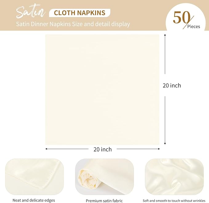 50 PCS Ivory Square Satin Cloth Napkins, 20 X 20 Inch | Soft Smooth, Washable Reusable, Silk Dinner Table Napkins Bulk, for Weddings Parties Banquets Dining and Restaurants - Image 3