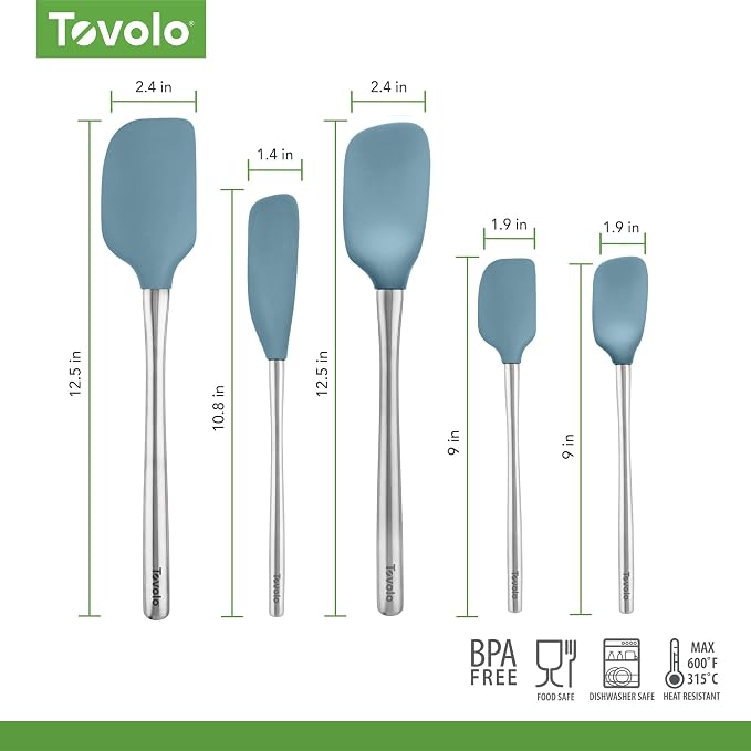 Tovolo Stainless Steel Handled Silicone Spatula Set of 5, Dishwasher Safe Kitchen Spatula Set for Cooking Baking, BPA Free Silicone Spatula set with Metal Steel Handle, Blue Slate - Image 6