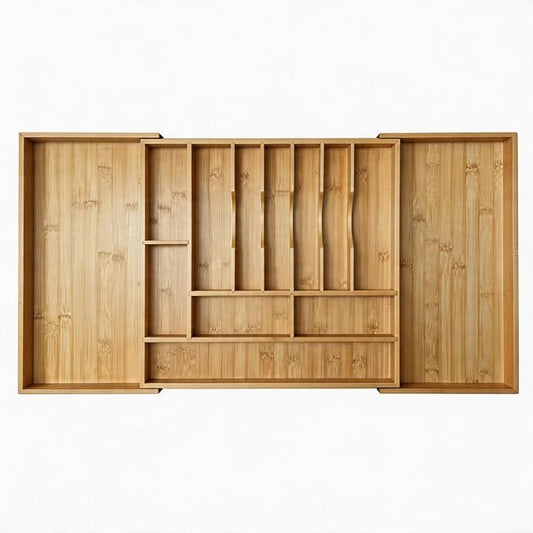 Expandable Bamboo Silverware Drawer Organizer – Adjustable 33" Wide Wooden Utensil Tray with 11-Compartments, Large Kitchen Flatware & Spoon Holder, Natural Solid Wood for Drawers by GAMYPET