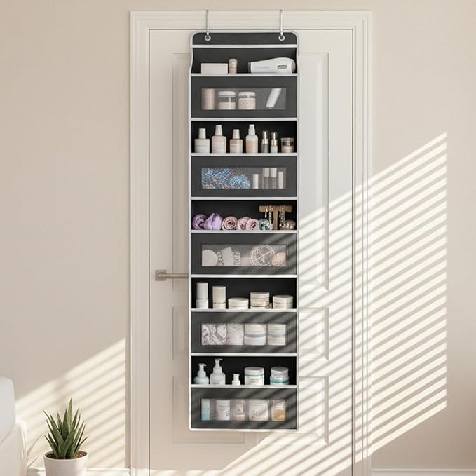 SakerPlus Five Tier Over The Door Organizer, Hanging Door Storage Organizer with Clear Windows and Side Pockets, Behind Door Storage for Bedroom Bathroom Pantry Nursery Closet (Grey) - Image 2