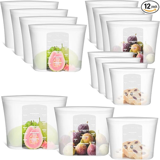 12-Pack Reusable Silicone Food Storage Bags, 100% Silicone Stand-Up Wide-Open Zip-Lock Reusable Storage Bags for Food, Freezer Microwave Oven Dishwasher Safe, Translucent, 4M 4S 4XS by SiliseaDirect