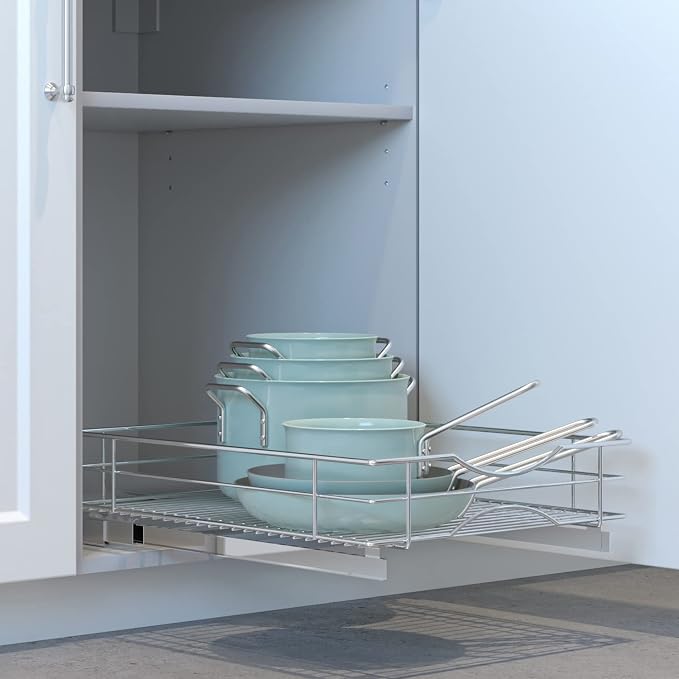 Home Zone Living Pull Out Kitchen Cabinet Organizer | Steel Frame with Handle for Easy Access, 21" x 17" x 5.55", Chrome - Image 2
