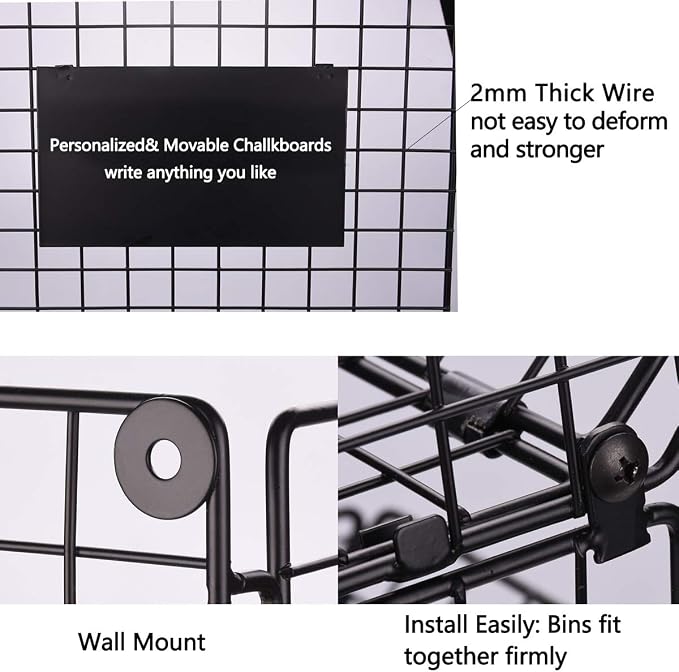 X-cosrack Metal Wire Basket Wall Mount, 3 Tier Wall Storage Basket Organizer with Hanging Hooks Chalkboards, Rustic Kitchen Fruit Produce Bin Rack Bathroom Tower Baskets (Black) - Image 5