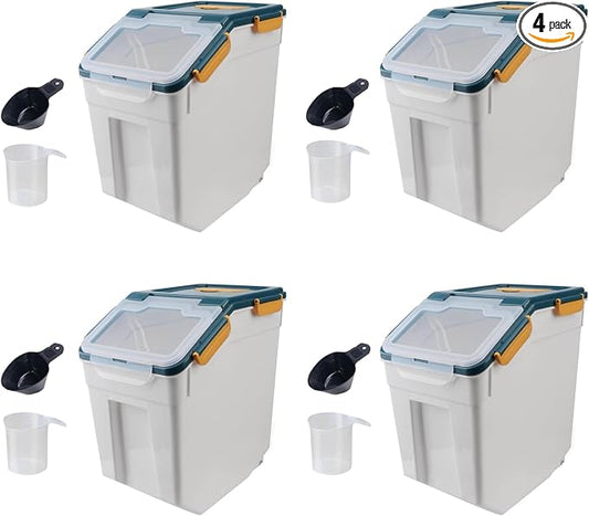 4 Pack Grain Food Storage Container, 20LB Airtight Rice Bin Storage Bucket with Spoon and Measuring Cup, Large Flour Dispenser Container Set 80LB Total Capacity by MCMEICHUANG