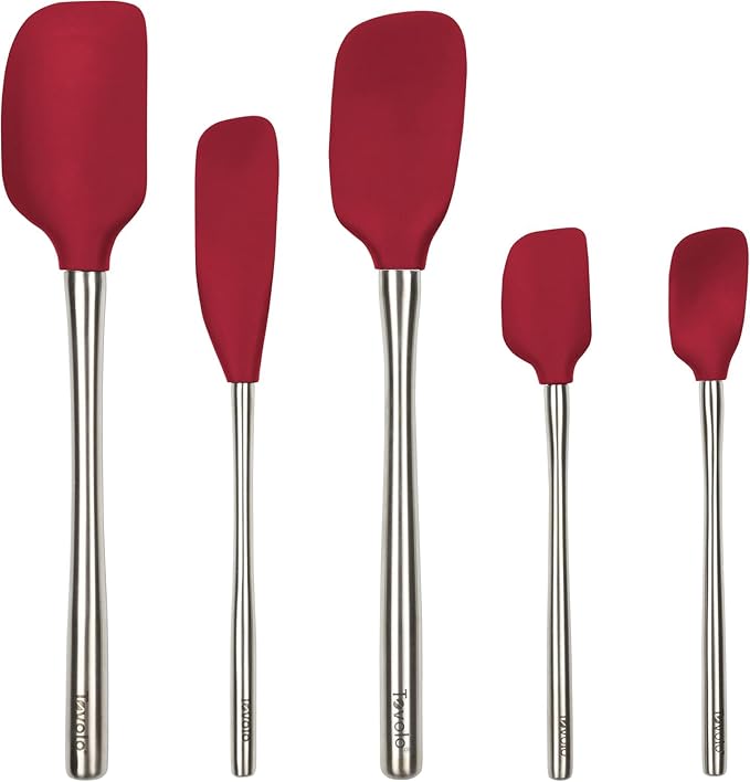 Tovolo Stainless Steel Handled Silicone Spatula Set of 5 Cayenne Red, Dishwasher Safe Kitchen Spatula Set for Cooking Baking, Non Toxic BPA Free Silicone Spatula set with Metal Steel Handle by Tovolo