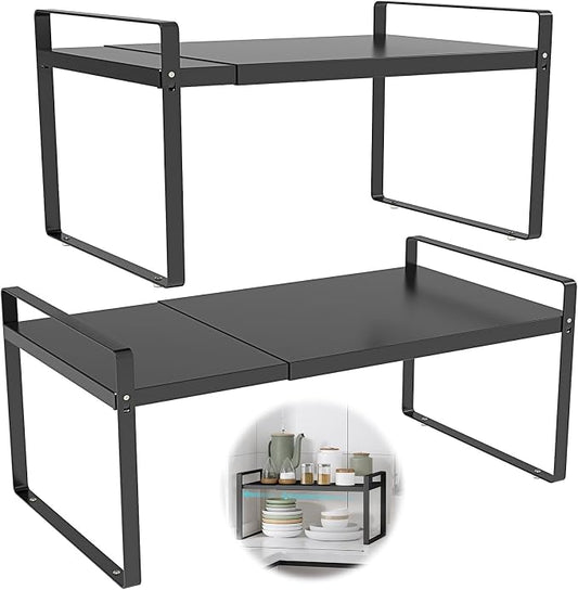 Adjustable Cabinet Shelves 9", Expandable 14~25" Metal Shelving for Pantry & Kitchen Organization, (2 Pack) Heavy-Duty Shelf Organizer, Fits Microwave, Spices, Countertop Storage by KOMOHOM