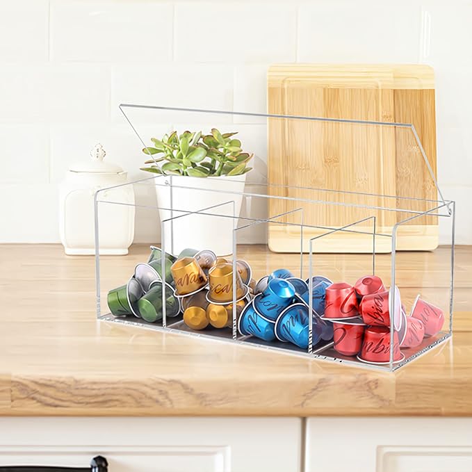 Coffee Pod Holder, Organizer for K Cup, Storage for Coffee Station Counter, Compatible with Nespresso Capsule& Keurig Pods, Coffee Bar Accessories, Acrylic 4 Compartment with Lid - Clear - Image 6