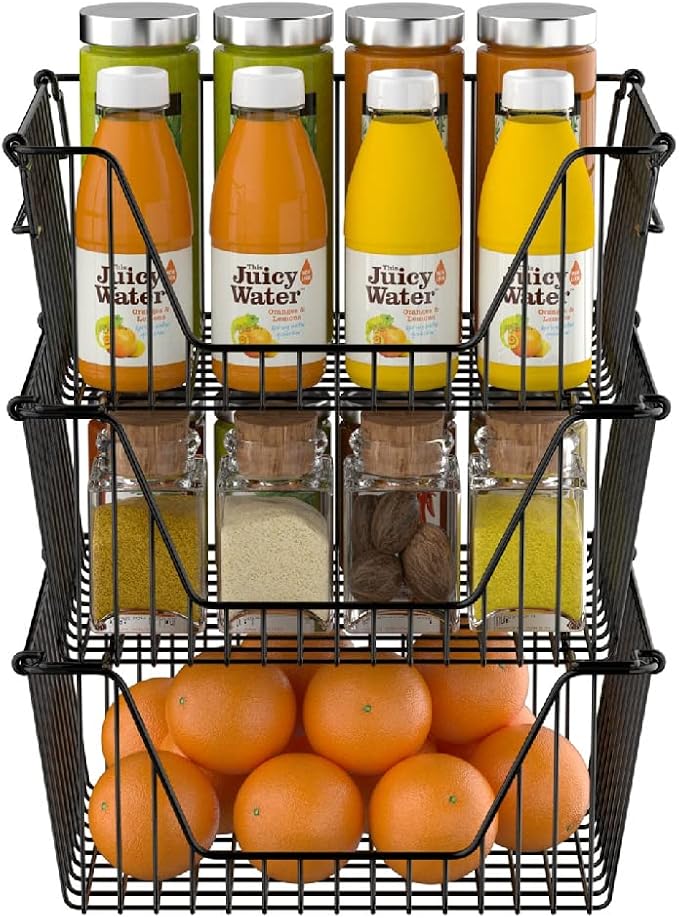 Slideep Wire Storage Baskets, Freezer Baskets Farmhouse Stackable Organizer Storage Bins Large Organizer for Storage, Office, Bathroom, Pantry Organization Storage with Handles 14" Black -Set of 3 - Image 2