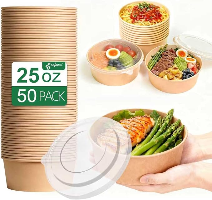 25 oz Disposable Kraft Round salad Bowls with Lid, 50 Sets Leakproof Microwave Meal soup containers Bowls, Waterproof Take Out Food Containers for Lunch Snack Camping Family by GanfanerEcoPackHomeKitchen