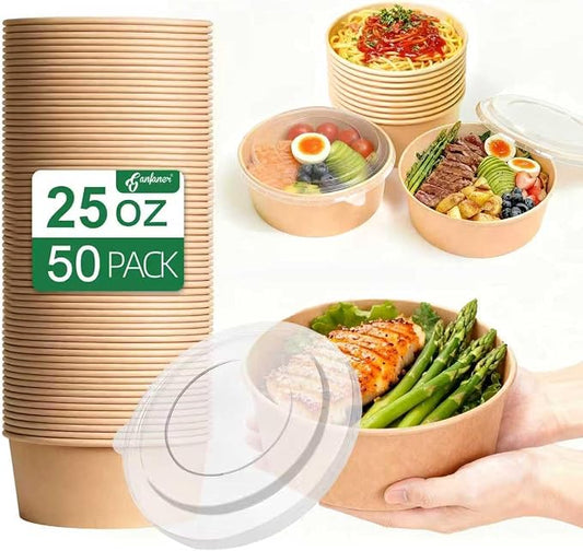 25 oz Disposable Kraft Round salad Bowls with Lid, 50 Sets Leakproof Microwave Meal soup containers Bowls, Waterproof Take Out Food Containers for Lunch Snack Camping Family by GanfanerEcoPackHomeKitchen