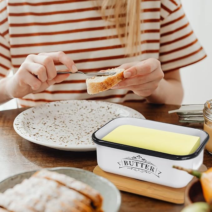 SOTECH Bread Box with 3pcs Jars Coffee Sugar Tea for Kitchen Countertop White Metal Bread Box with Bamboo Board Cover Pastry Storage Container Set Kitchen decor (bread box + jars + butter dish) - Image 5