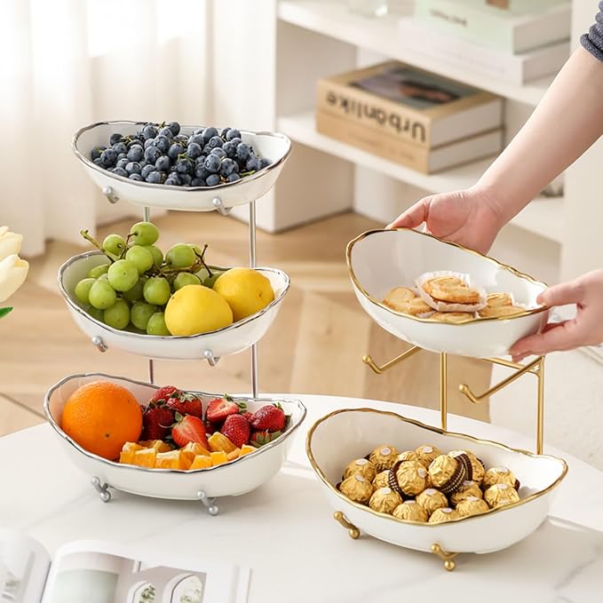 3-Tier Fruit Bowls for Kitchen Counter,Ceramic White Bowl with Sliver Metal Stand,3 Tier Fruit Basket for Fruit,Snack,Cake,Nuts,Dessert Storage - Image 6