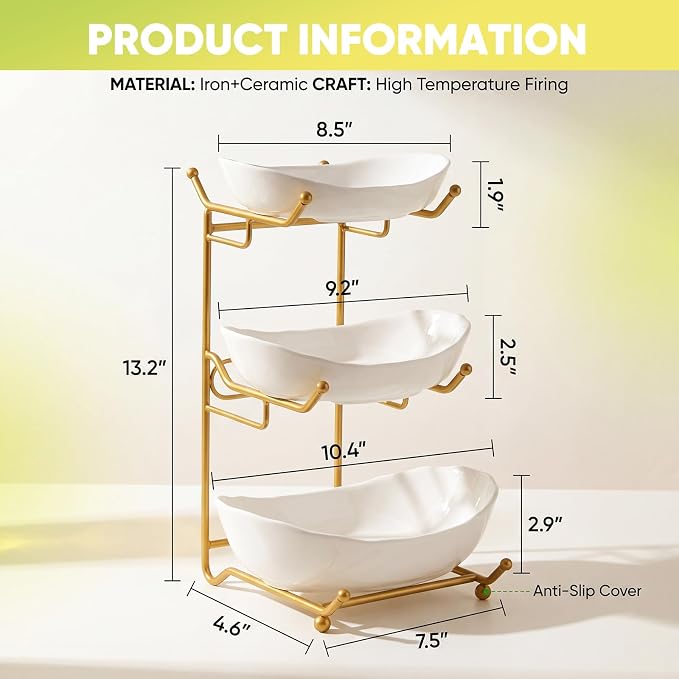 GIRAVO 3 Tier Ceramic Fruit Bowl with Metal Stand, Tiered Countertop Fruit Basket, Serving Tray Stand for Kitchen Counter, Fruit & Vegetable Storage, White Bowls with Gold Rack - Image 3
