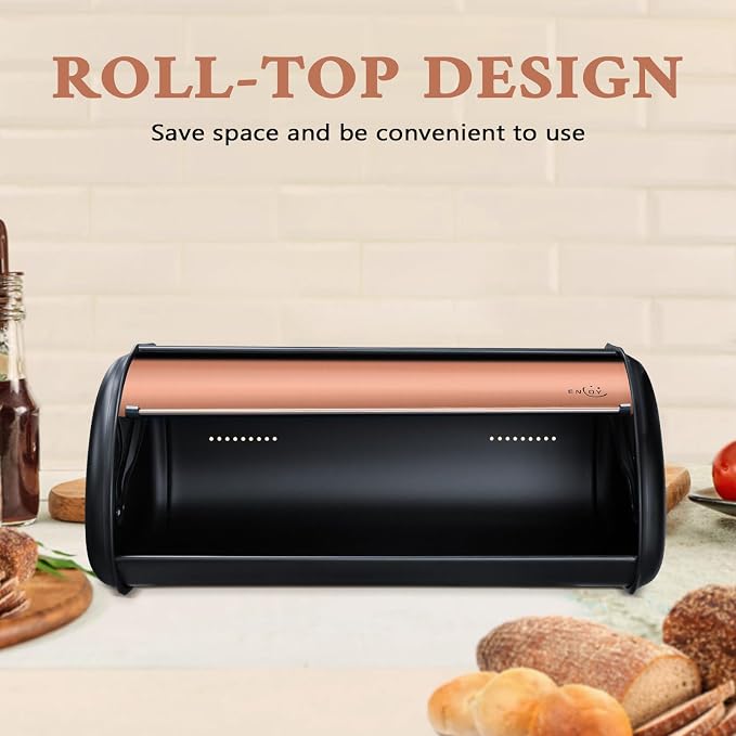 ENLOY Bread Box for Kitchen Countertop, Stainless Steel Bread Storage Bin for Kitchen with Roll Up Lid, Large Capacity Bread Keeper Holds Large Loaves of Bread (Rose Gold) 17 x 11 x 7 IN - Image 3